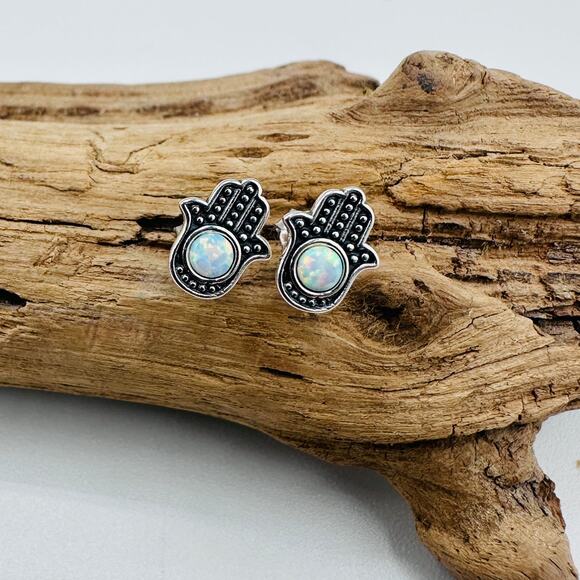 Hamsa Lab Opal Sterling Silver Stud Earrings - Picture 1 of 5